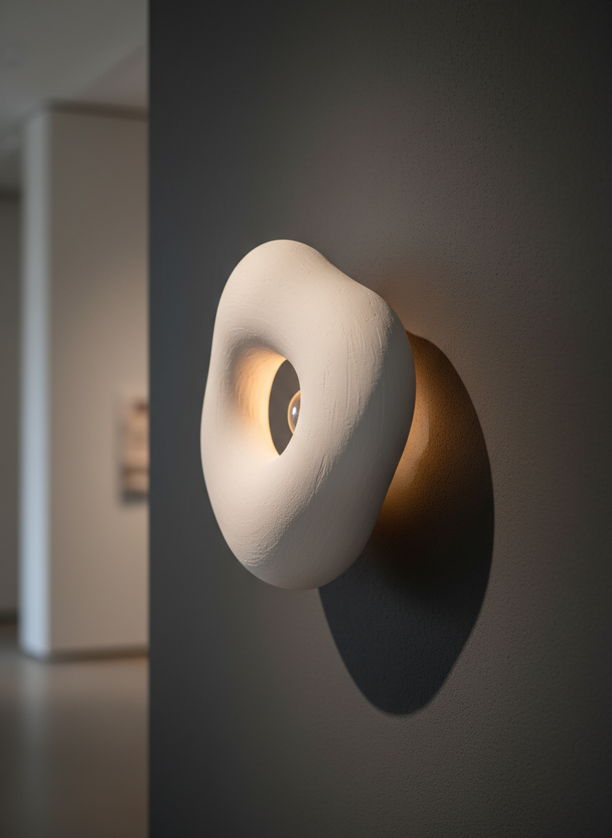 A sculptural plaster luminaire with a smooth, matte white surface and subtle hand-carved striations, floating slightly away from a dark charcoal wall. The form is organic and asymmetrical, like a polished river stone partially sliced open to reveal a warm, recessed light source that glows amber. Soft, directional studio lighting from the side accentuates the curves and texture of the plaster, casting elegant shadows onto the wall. Shot at eye level with a centered composition and shallow depth of field, the background falls into a refined blur. The mood is sophisticated and contemplative, with photographic realism and a minimalist, gallery-like aesthetic.