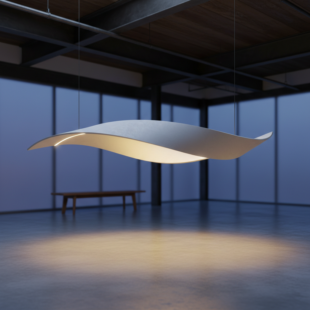 A ceiling-suspended plaster luminaire resembling a weightless, folded ribbon, its edges thin and sharp while its surfaces remain velvety and matte. The interior of the fold reveals a warm integrated light that softly illuminates the plaster and casts a gentle pool of light onto a smooth concrete floor below. The environment is a contemporary loft space with exposed beams and a single, low wooden bench blurred in the background. Photographic realism with a wide-angle lens at eye level emphasizes the sculptural presence overhead. Ambient twilight filters faintly through unseen windows, but the luminaire is the primary light source, creating a serene, architectural atmosphere that feels both poetic and precisely crafted.