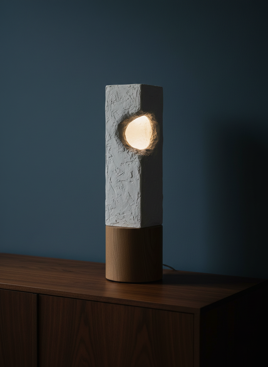 A sculptural table lamp composed of a monolithic plaster column rising from a solid oak base, the plaster surface lightly roughened and irregular, revealing the artisan’s hand. A hidden LED source within a carved hollow emits a soft, indirect light that washes the inner cavity in warm white, leaving the outer shell mostly in shadow. Positioned on a low, dark-stained wooden sideboard against a deep blue-grey wall, the lamp is surrounded only by negative space. Shot in photographic realism from a slightly elevated angle, with a controlled studio setup emphasizing chiaroscuro contrast. The overall mood is intimate and sophisticated, highlighting the dialogue between light, shadow, and raw materiality.