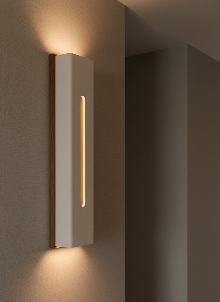 An elongated plaster and wood wall sconce, its plaster body a refined off-white with delicate trowel marks, framed by a slender band of oiled walnut. The light emerges from a narrow vertical slit, sending a warm, diffused glow both upward and downward across a textured linen wall. The setting is a minimalist hallway with muted taupe tones and a single, sharply defined architectural line in the background. Captured in photographic realism from a three-quarter angle, the composition follows the rule of thirds. Gentle evening lighting enhances the warm color temperature of the luminaire, creating an atmosphere of quiet luxury and understated contemporary design.