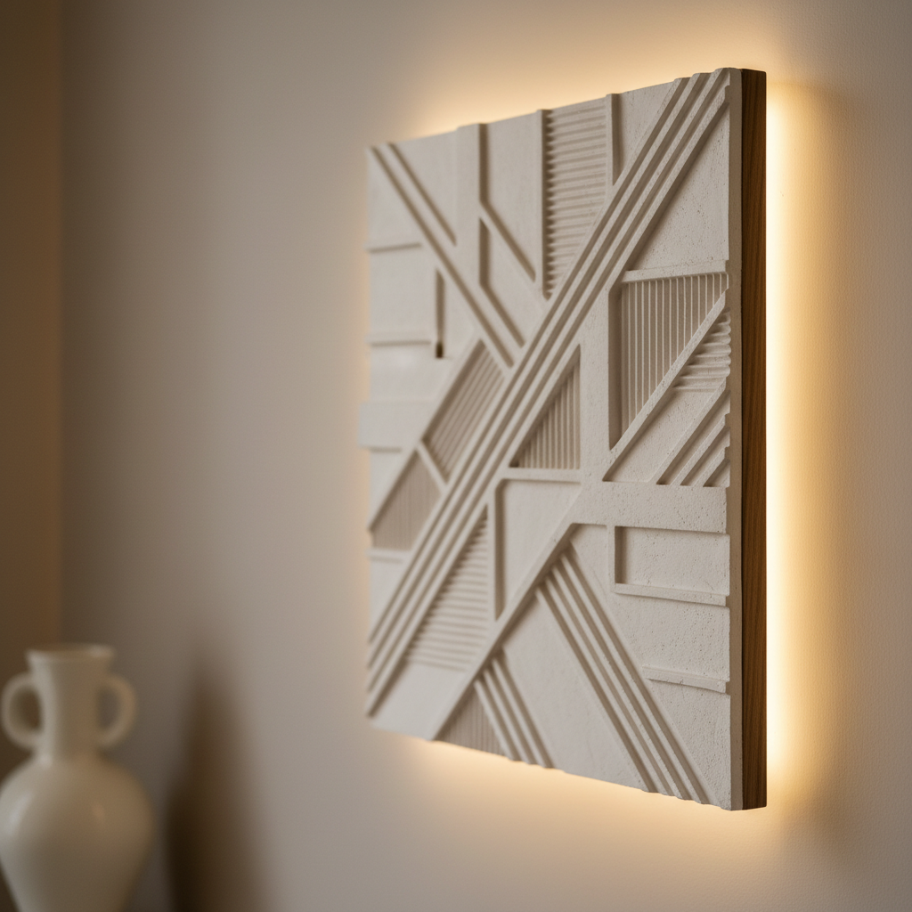 A close-up of a wall-mounted plaster relief luminaire, its surface intricately carved with geometric grooves and intersecting lines that catch the light. The plaster is a warm, chalky white, contrasted by a slim backing panel of smoked oak barely visible at the edges. Hidden LEDs emit a halo of soft backlight, creating a glowing outline around the piece and gentle gradients across the wall. The setting is a refined living space with smooth, neutral-toned walls and a hint of a sculptural ceramic vase blurred in the distance. Captured in photographic realism with a macro lens and very shallow depth of field, the mood is introspective and artistic, focusing on texture, craftsmanship, and subtle illumination.